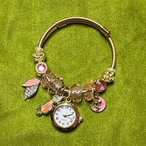 Gold plated and Pink Charm Bracelet with Watch code #008